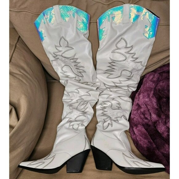 Size 5.5 Dolls Kill Pure Love Bandit Cowgirl Boots White Embroidered Iridescent - Picture 7 of 12